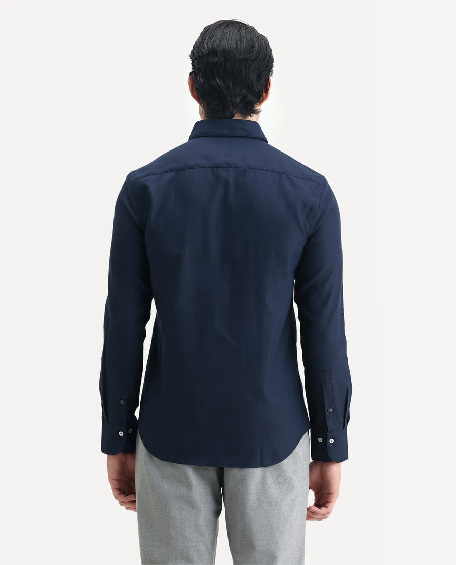 Rare Rabbit Men's Oxfom Navy Cotton Embroidered Regular Fit Full Sleeve Collared Shirt