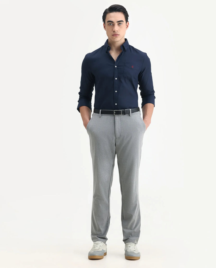 Rare Rabbit Men's Oxfom Navy Cotton Embroidered Regular Fit Full Sleeve Collared Shirt