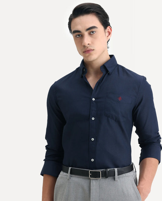 Rare Rabbit Men's Oxfom Navy Cotton Embroidered Regular Fit Full Sleeve Collared Shirt