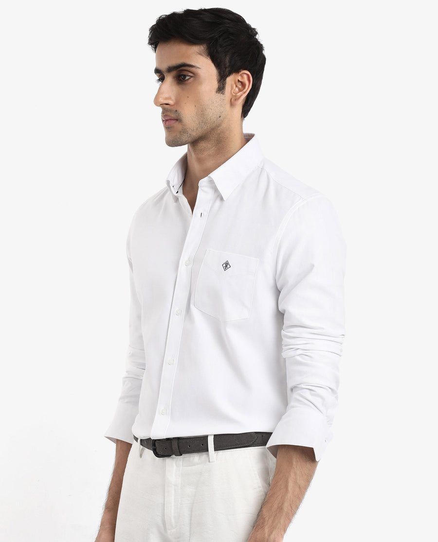 Rare Rabbit Men's Oxfom White Cotton Embroidered Regular Fit Full Sleeve Collared Shirt