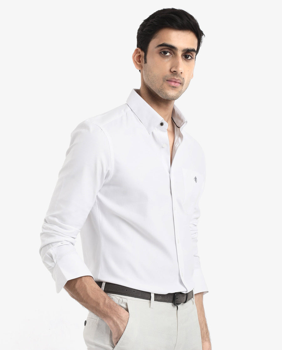 Rare Rabbit Men's Oxfom White Cotton Embroidered Regular Fit Full Sleeve Collared Shirt
