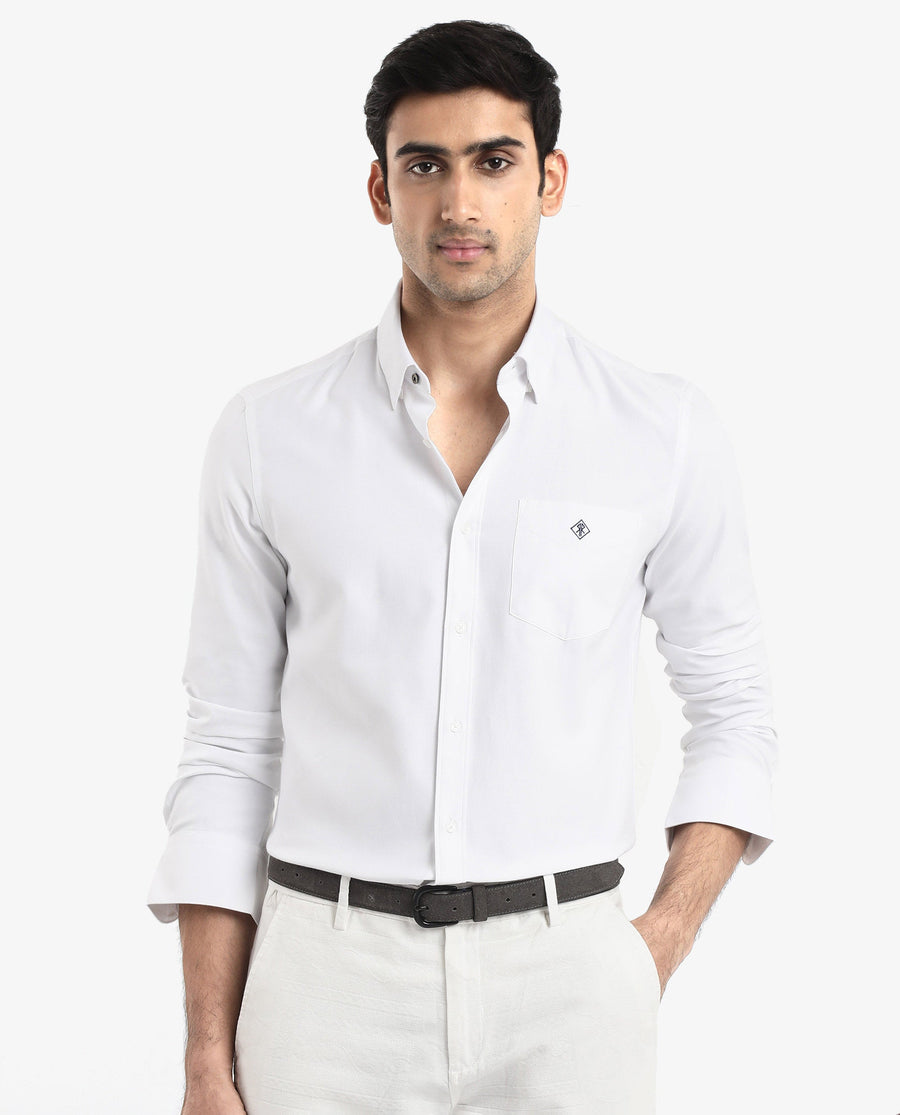 Rare Rabbit Men's Oxfom White Cotton Embroidered Regular Fit Full Sleeve Collared Shirt