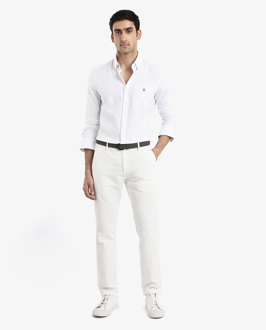 Rare Rabbit Men's Oxfom White Cotton Embroidered Regular Fit Full Sleeve Collared Shirt
