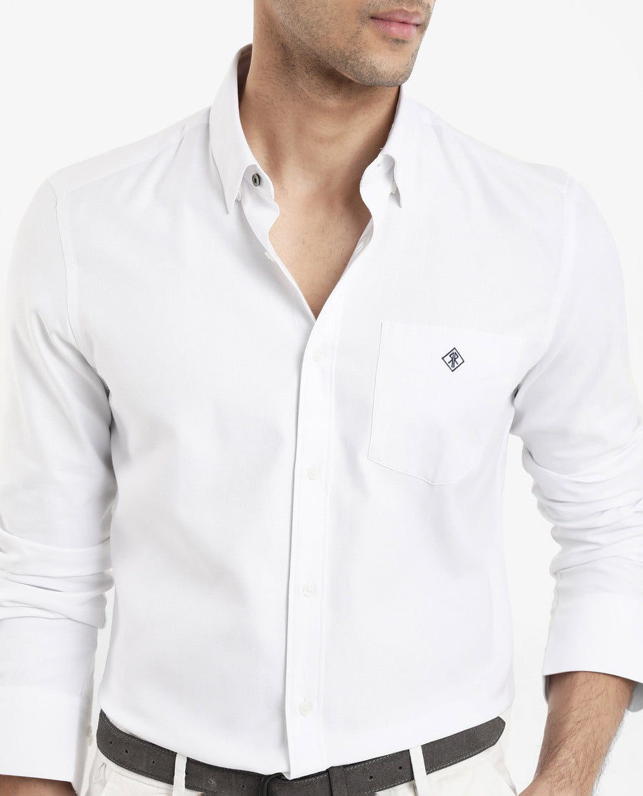 Rare Rabbit Men's Oxfom White Cotton Embroidered Regular Fit Full Sleeve Collared Shirt