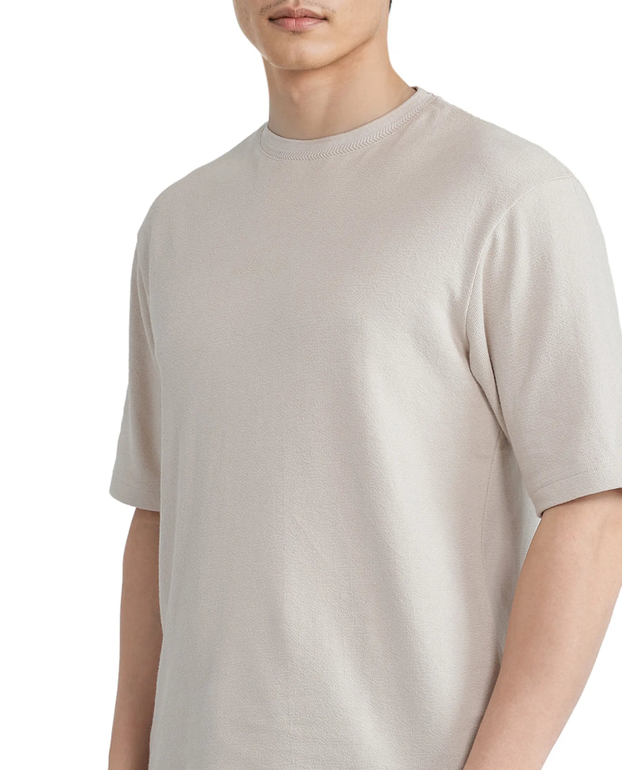 Rare Rabbit Men's Oxi Beige Cotton Plain Boxy Fit Half Sleeve Crew Neck T-Shirt