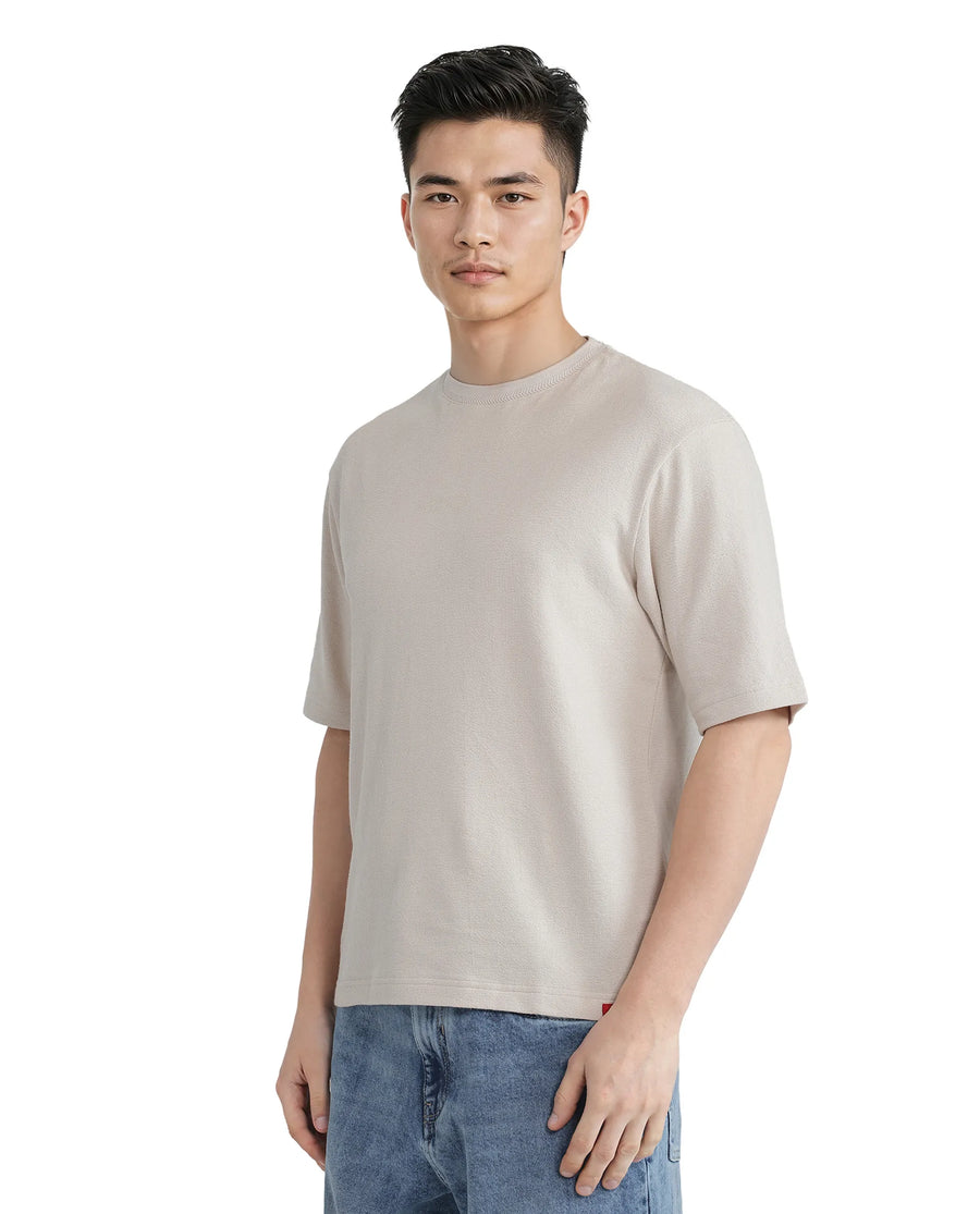 Rare Rabbit Men's Oxi Beige Cotton Plain Boxy Fit Half Sleeve Crew Neck T-Shirt