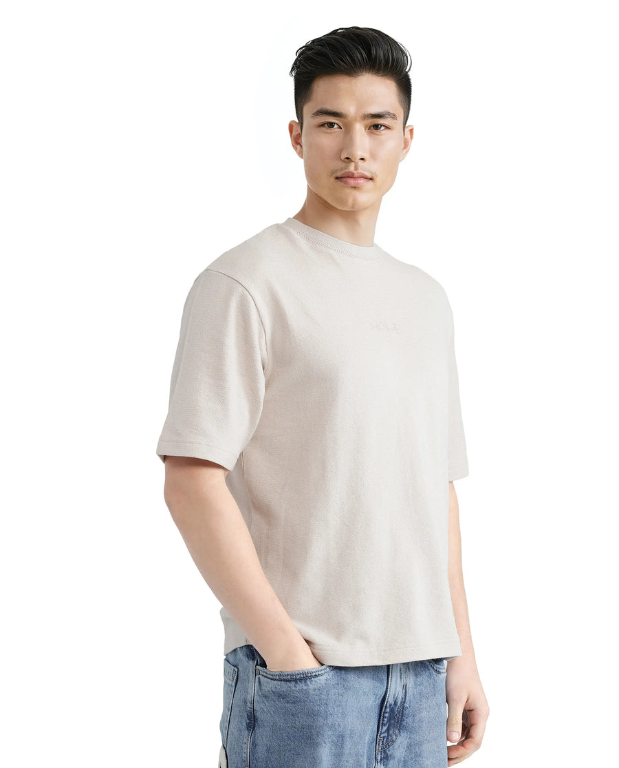 Rare Rabbit Men's Oxi Beige Cotton Plain Boxy Fit Half Sleeve Crew Neck T-Shirt