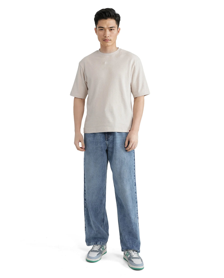 Rare Rabbit Men's Oxi Beige Cotton Plain Boxy Fit Half Sleeve Crew Neck T-Shirt