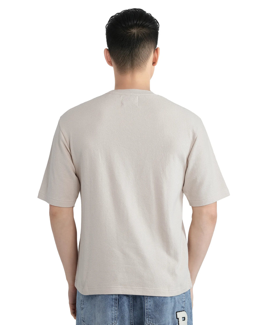 Rare Rabbit Men's Oxi Beige Cotton Plain Boxy Fit Half Sleeve Crew Neck T-Shirt