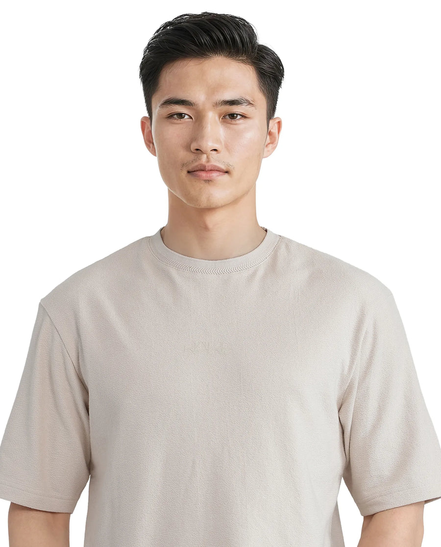Rare Rabbit Men's Oxi Beige Cotton Plain Boxy Fit Half Sleeve Crew Neck T-Shirt