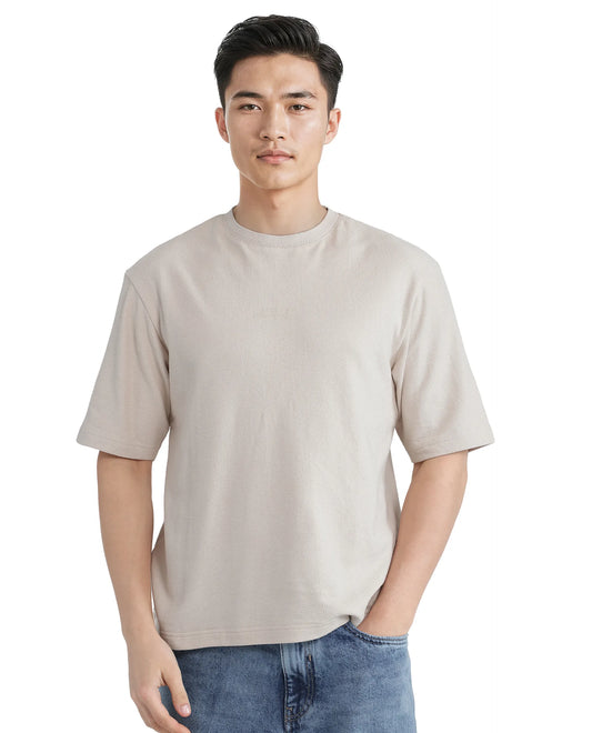 Rare Rabbit Men's Oxi Beige Cotton Plain Boxy Fit Half Sleeve Crew Neck T-Shirt