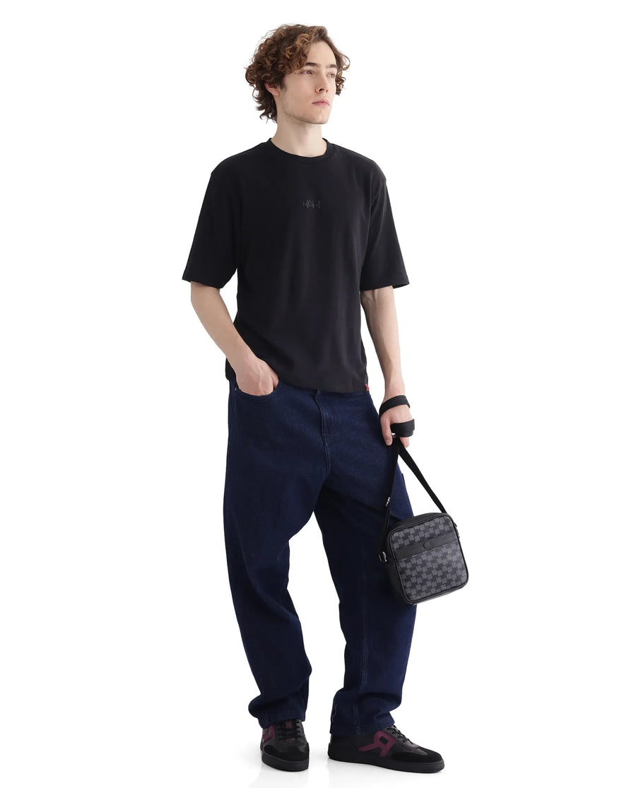 Rare Rabbit Men's Oxi Black Cotton Plain Boxy Fit Half Sleeve Crew Neck T-Shirt