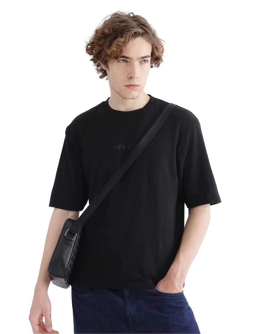 Rare Rabbit Men's Oxi Black Cotton Plain Boxy Fit Half Sleeve Crew Neck T-Shirt