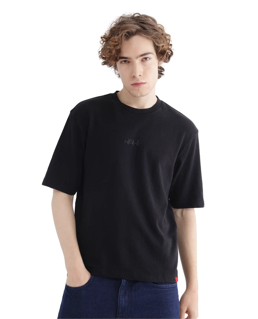Rare Rabbit Men's Oxi Black Cotton Plain Boxy Fit Half Sleeve Crew Neck T-Shirt