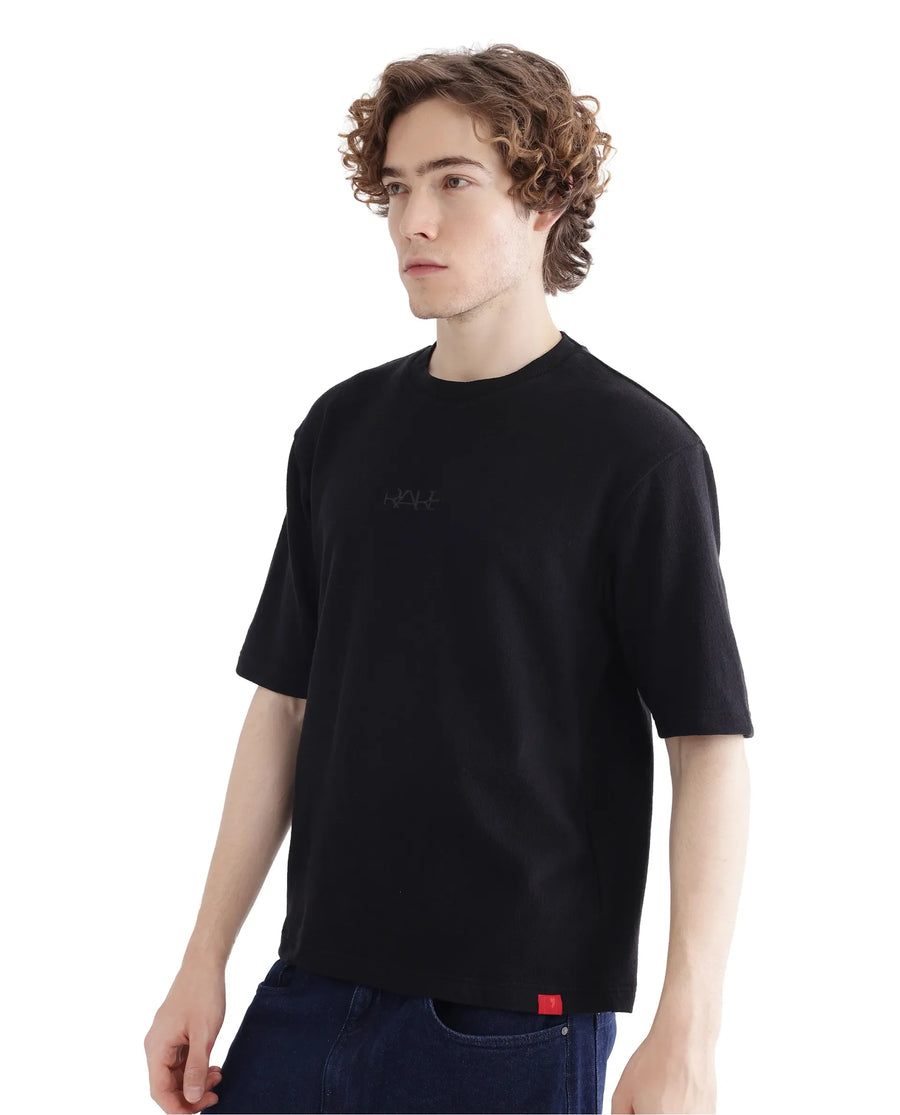 Rare Rabbit Men's Oxi Black Cotton Plain Boxy Fit Half Sleeve Crew Neck T-Shirt