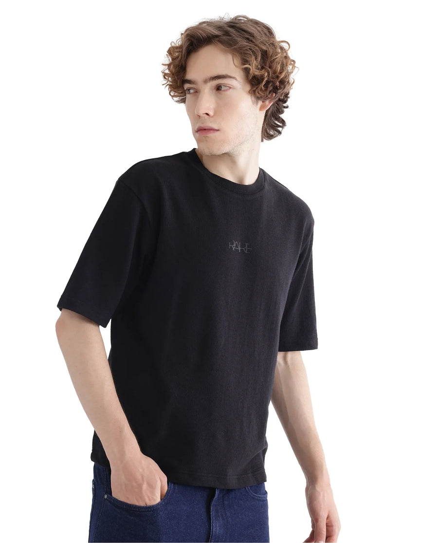 Rare Rabbit Men's Oxi Black Cotton Plain Boxy Fit Half Sleeve Crew Neck T-Shirt