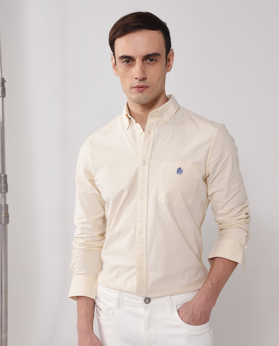 Rare Rabbit Men's Oxob Pastel Yellow Cotton Blend Plain Regular Fit Full Sleeve Collared Shirt