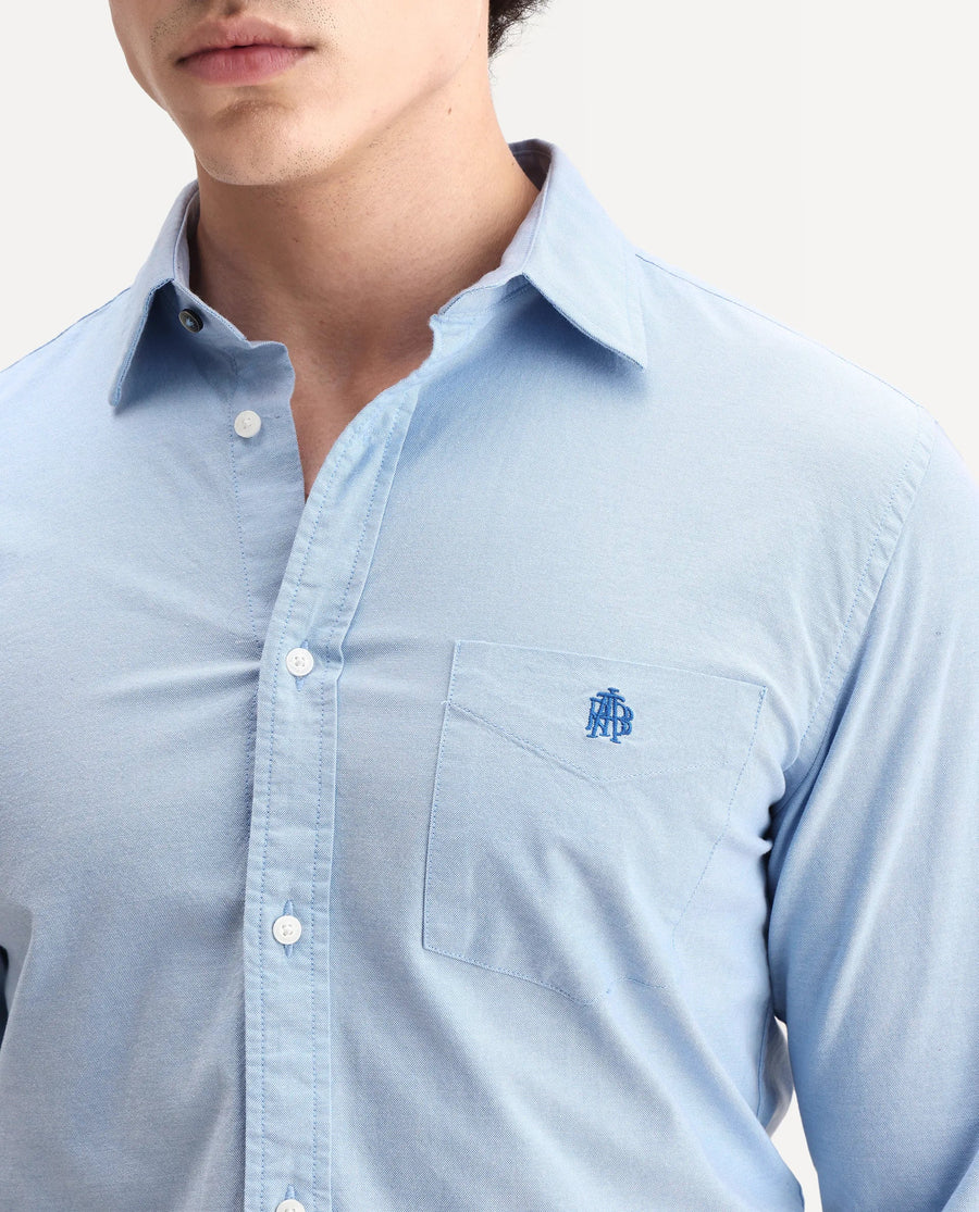 Rare Rabbit Men's Oxo Light Blue Cotton Blend Embroidered Regular Fit Full Sleeve Collared Shirt