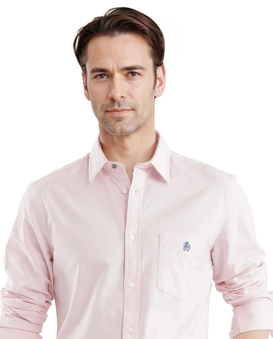 Rare Rabbit Men's Oxo Pastel Pink Cotton Blend Plain Regular Fit Full Sleeve Collared Shirt