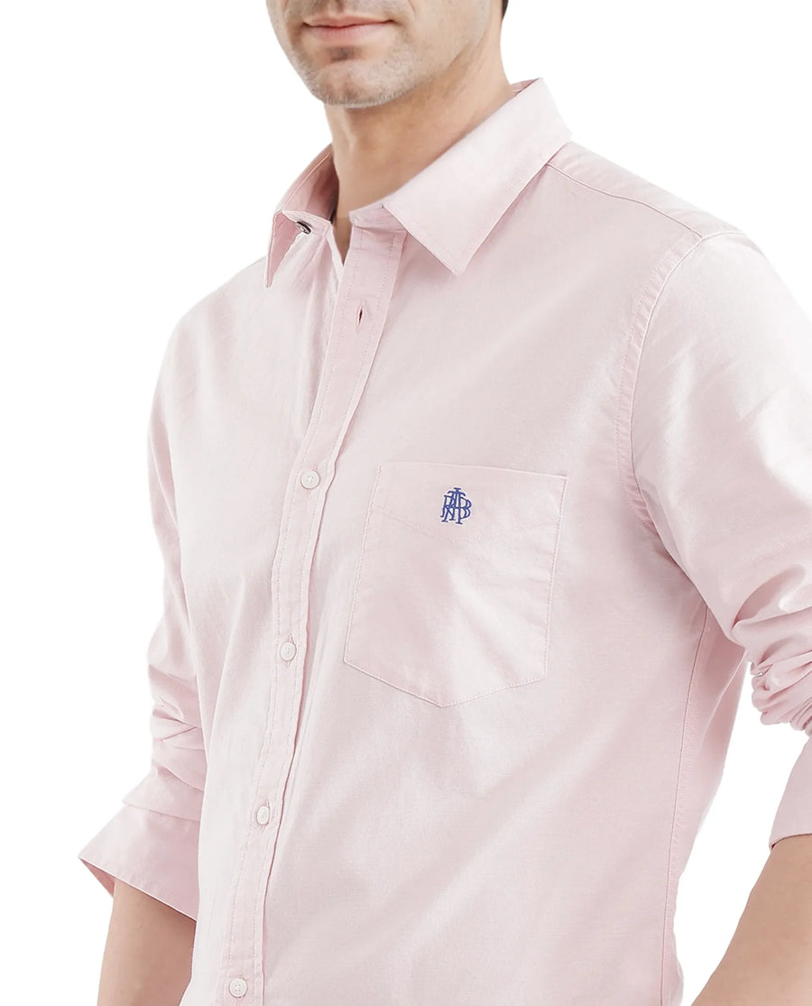 Rare Rabbit Men's Oxo Pastel Pink Cotton Blend Plain Regular Fit Full Sleeve Collared Shirt