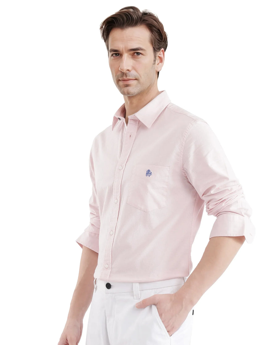 Rare Rabbit Men's Oxo Pastel Pink Cotton Blend Plain Regular Fit Full Sleeve Collared Shirt