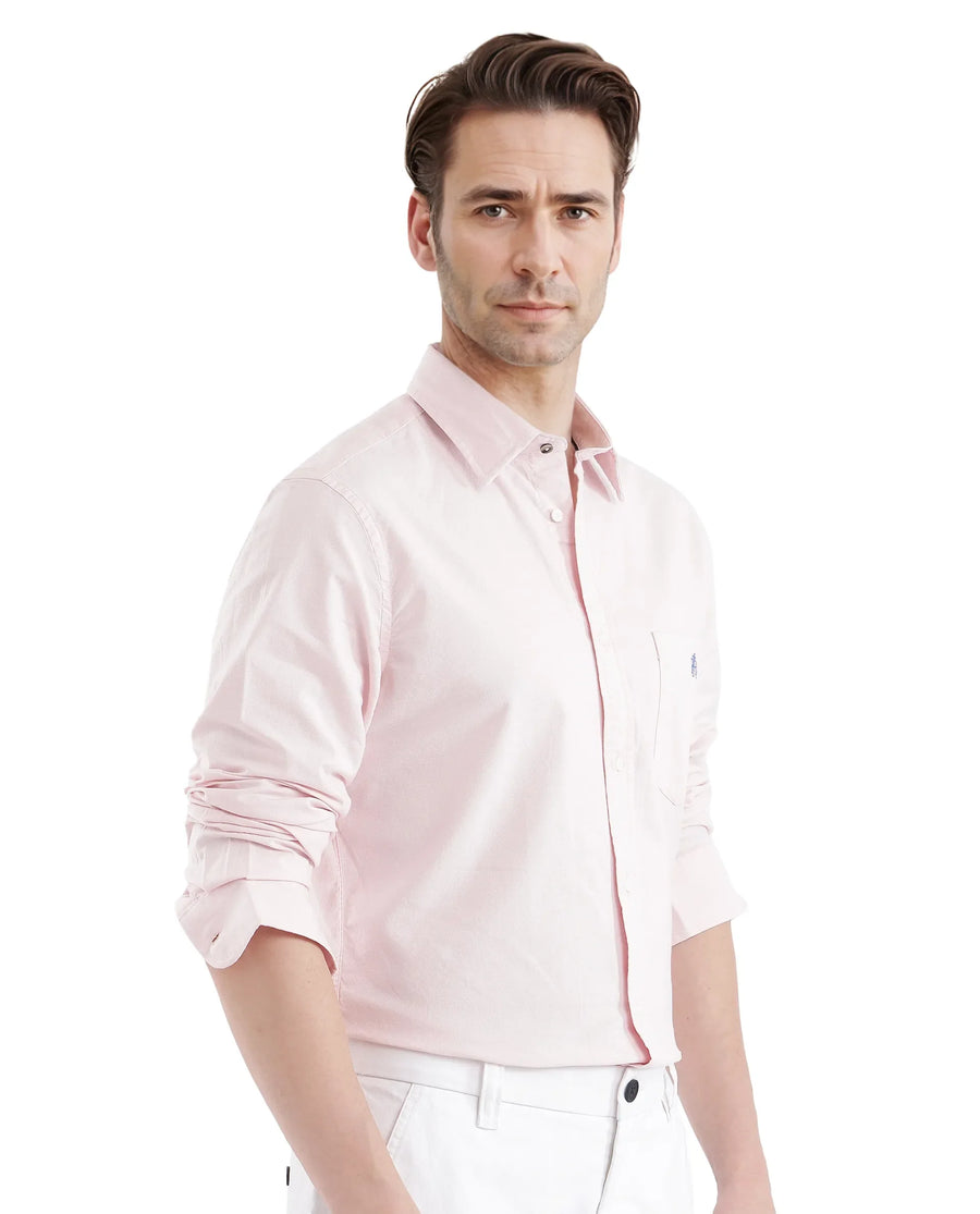 Rare Rabbit Men's Oxo Pastel Pink Cotton Blend Plain Regular Fit Full Sleeve Collared Shirt
