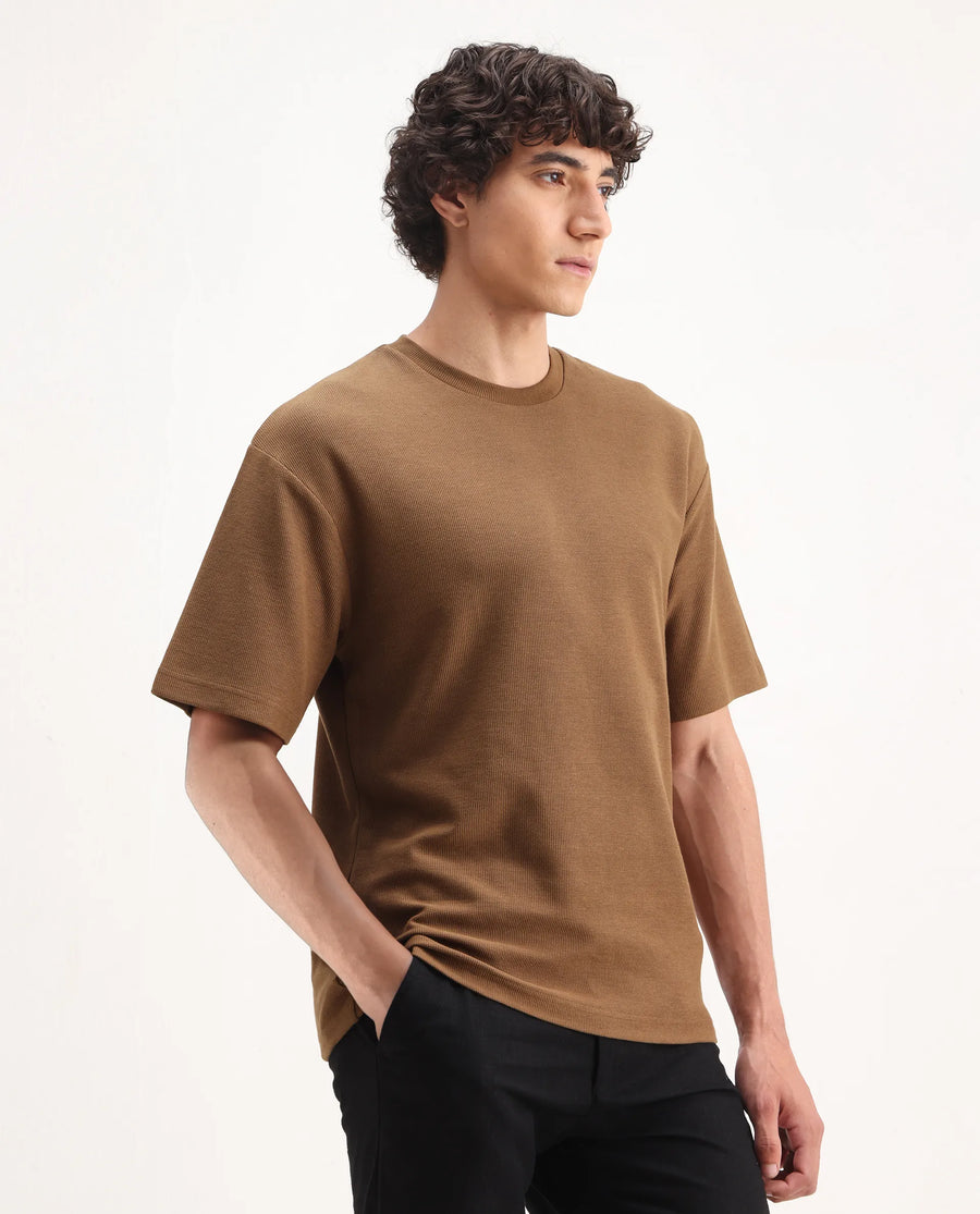 Rare Rabbit Men's Oxot Dusky Olive Cotton Embroidered Oversized Fit Half Sleeve Crew Neck T-Shirt