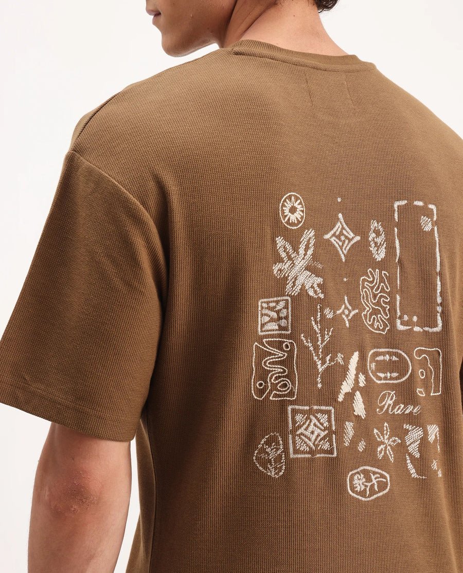 Rare Rabbit Men's Oxot Dusky Olive Cotton Embroidered Oversized Fit Half Sleeve Crew Neck T-Shirt