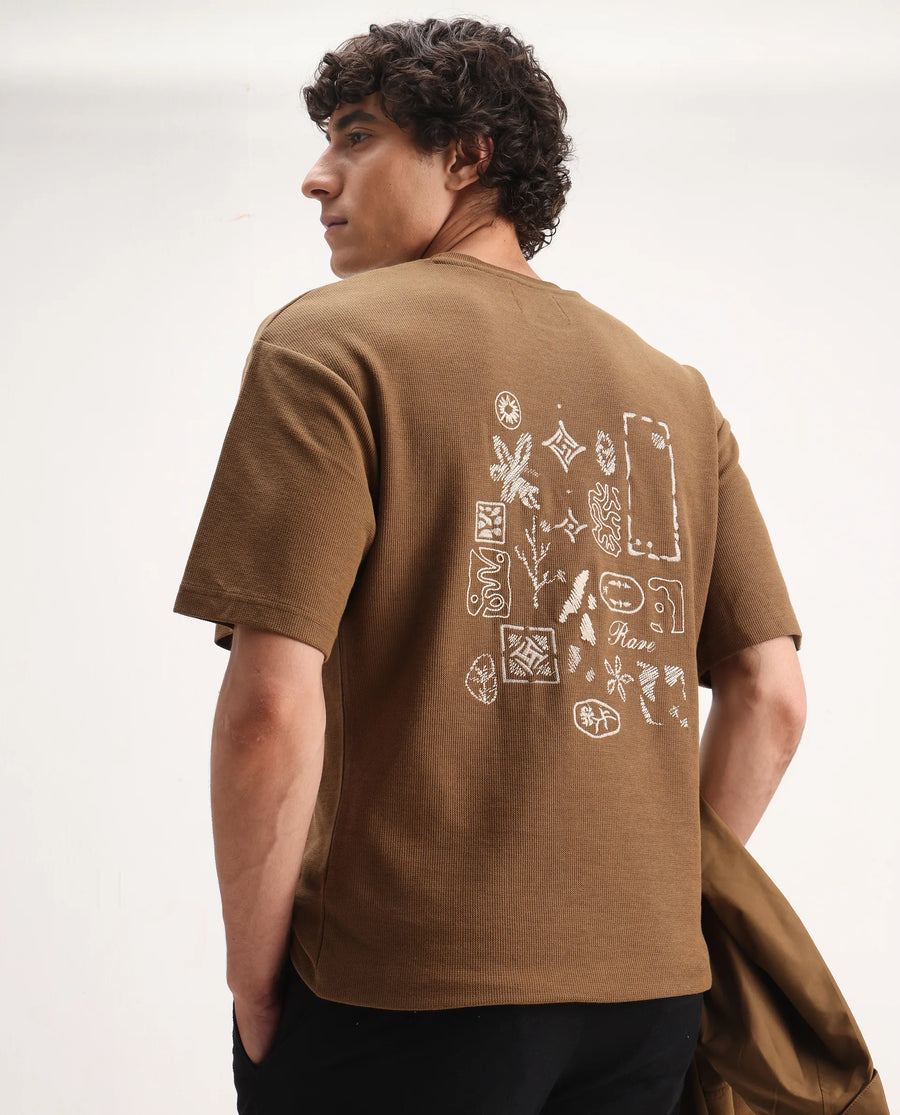 Rare Rabbit Men's Oxot Dusky Olive Cotton Embroidered Oversized Fit Half Sleeve Crew Neck T-Shirt
