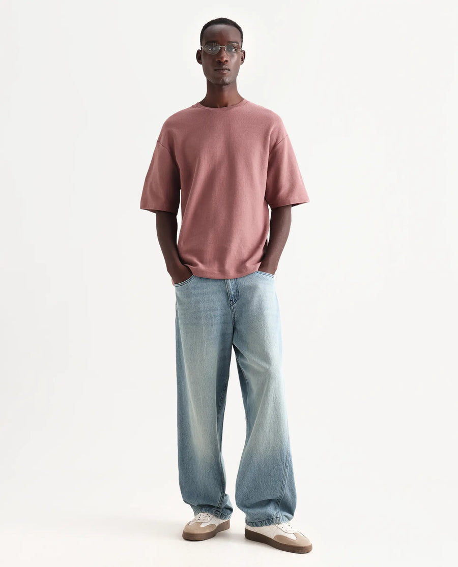 Rare Rabbit Men's Oxot Dusky Pink Cotton Embroidered Oversized Fit Half Sleeve Crew Neck T-Shirt