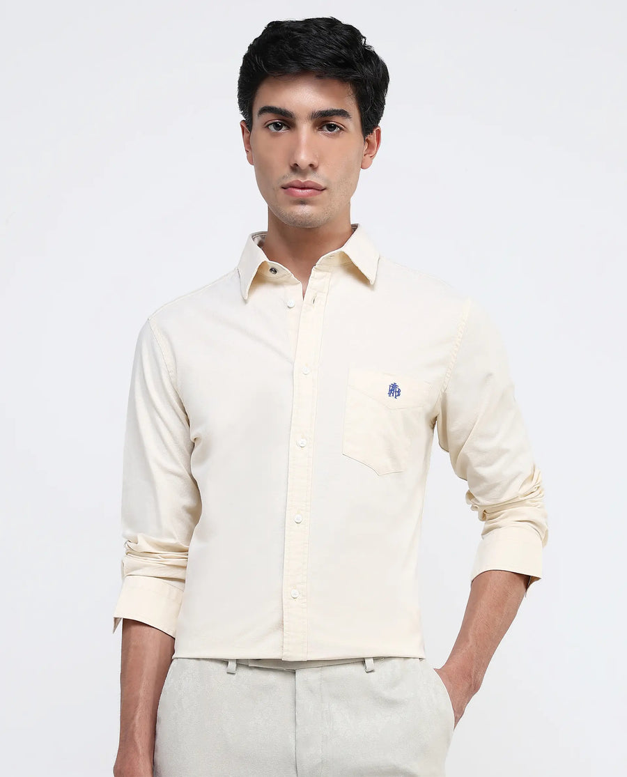 Rare Rabbit Men's Oxo Pastel Yellow Cotton Blend Plain Regular Fit Full Sleeve Collared Shirt