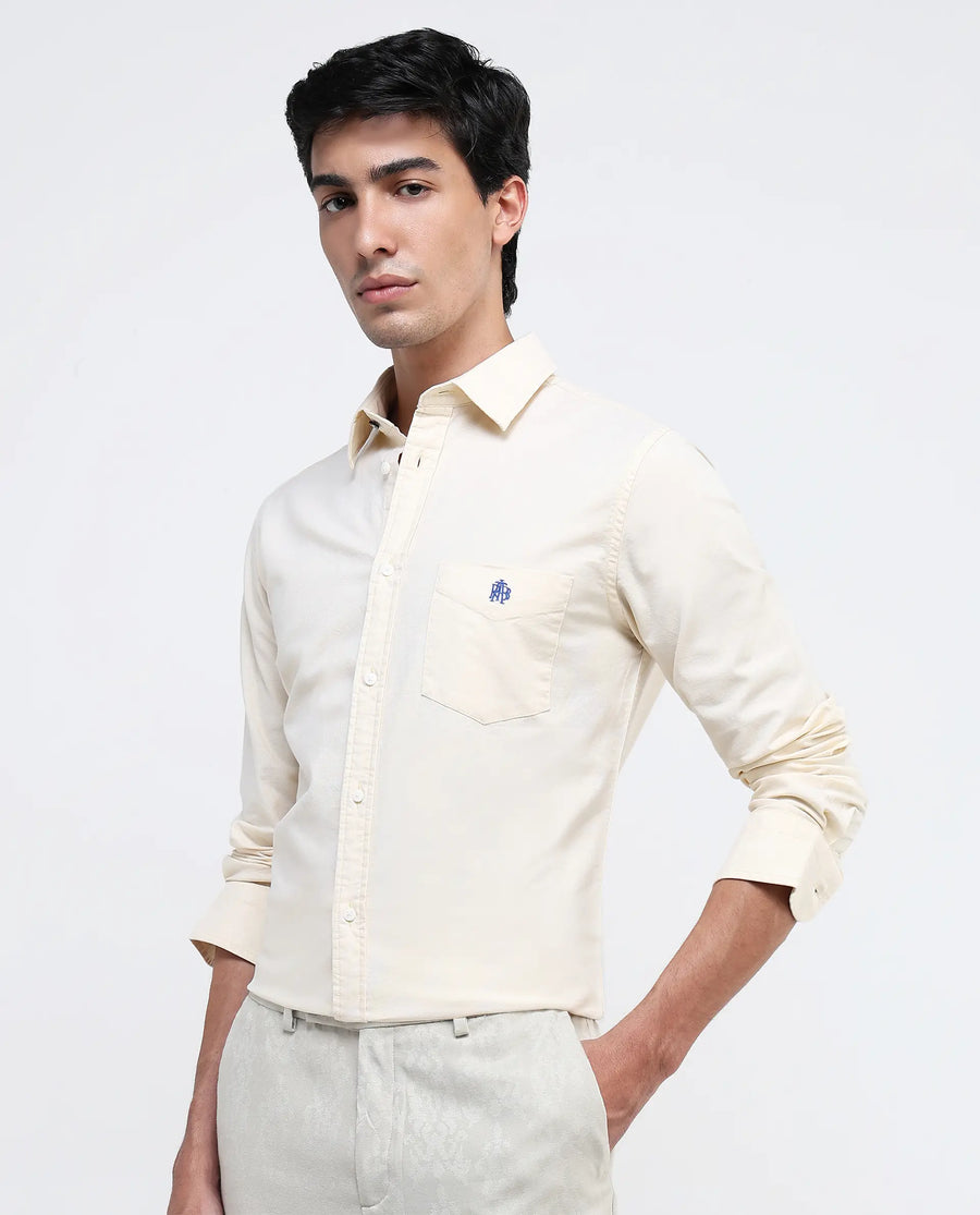 Rare Rabbit Men's Oxo Pastel Yellow Cotton Blend Plain Regular Fit Full Sleeve Collared Shirt
