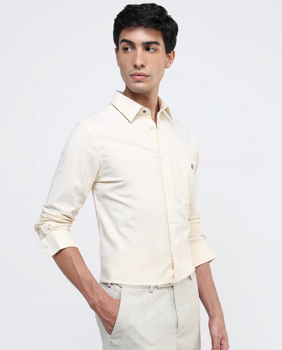 Rare Rabbit Men's Oxo Pastel Yellow Cotton Blend Plain Regular Fit Full Sleeve Collared Shirt