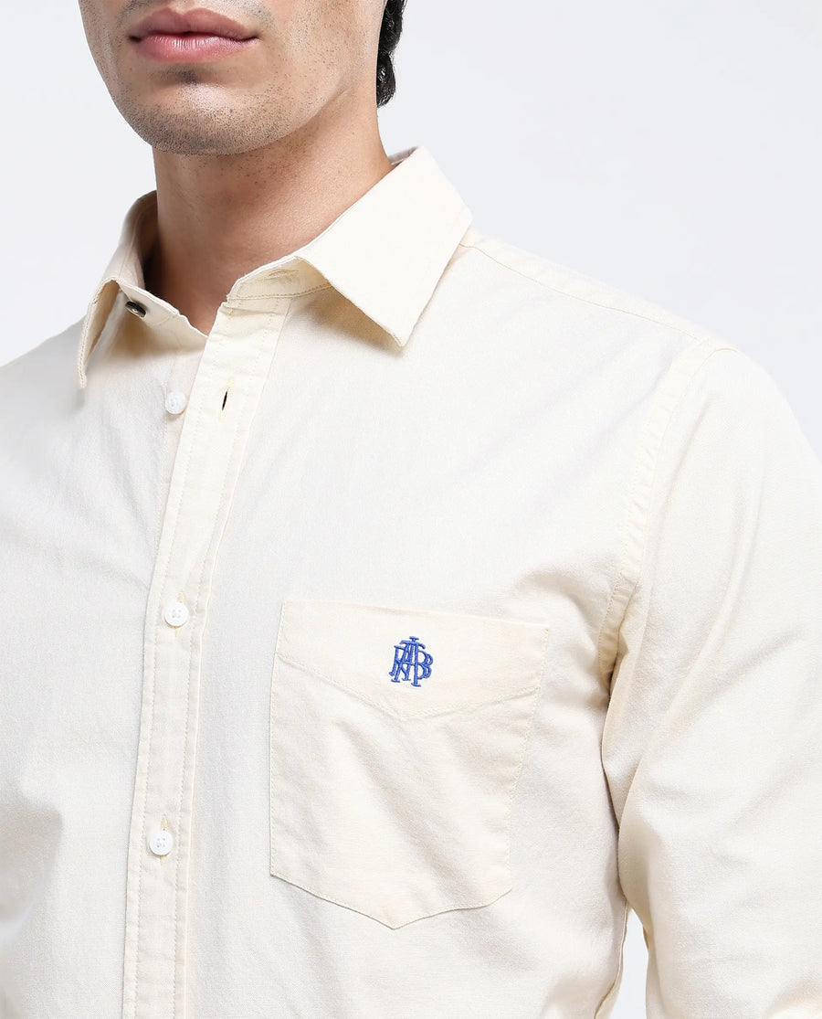 Rare Rabbit Men's Oxo Pastel Yellow Cotton Blend Plain Regular Fit Full Sleeve Collared Shirt