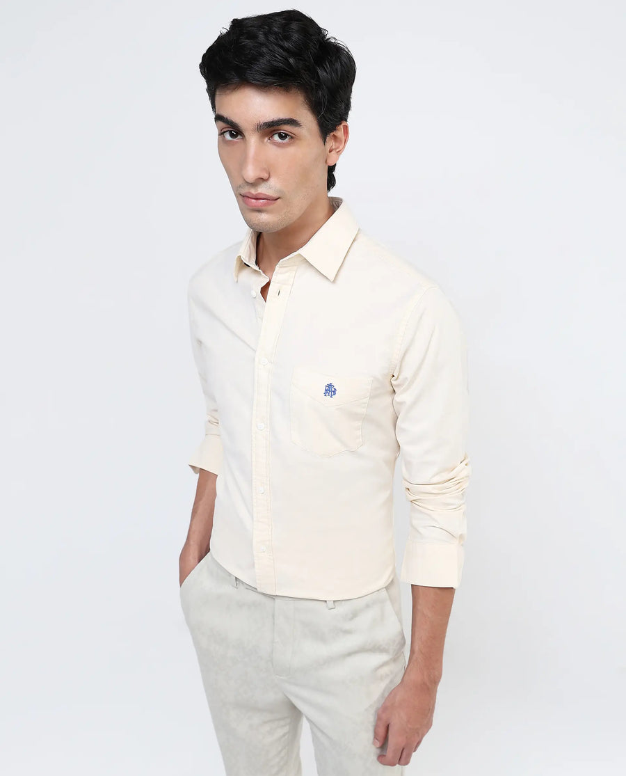 Rare Rabbit Men's Oxo Pastel Yellow Cotton Blend Plain Regular Fit Full Sleeve Collared Shirt