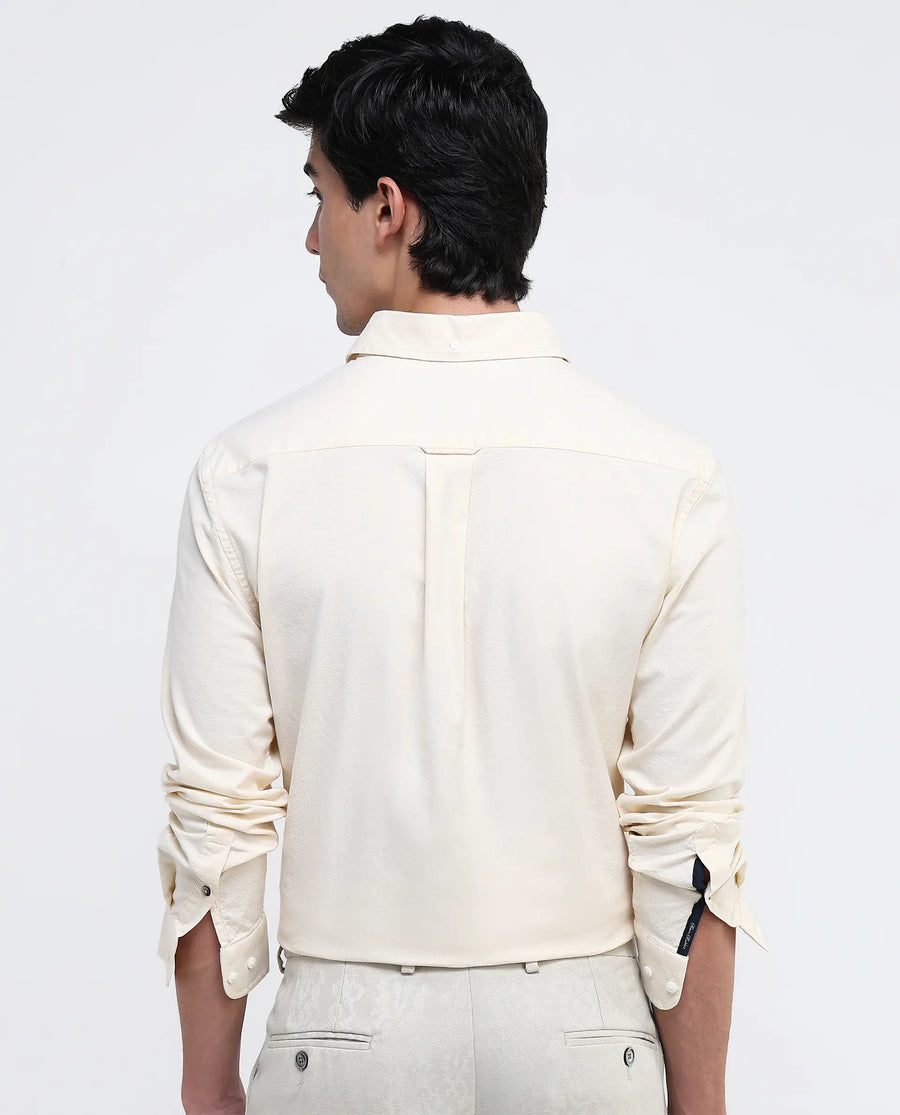 Rare Rabbit Men's Oxo Pastel Yellow Cotton Blend Plain Regular Fit Full Sleeve Collared Shirt