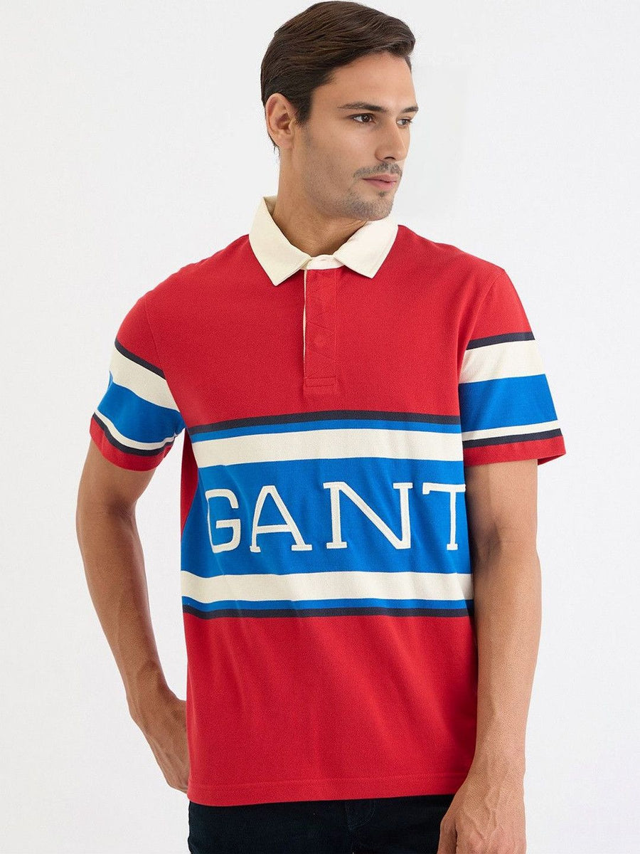 GANT Men Red and Blue Colourblocked Typography Polo Collar Regular T-shirt