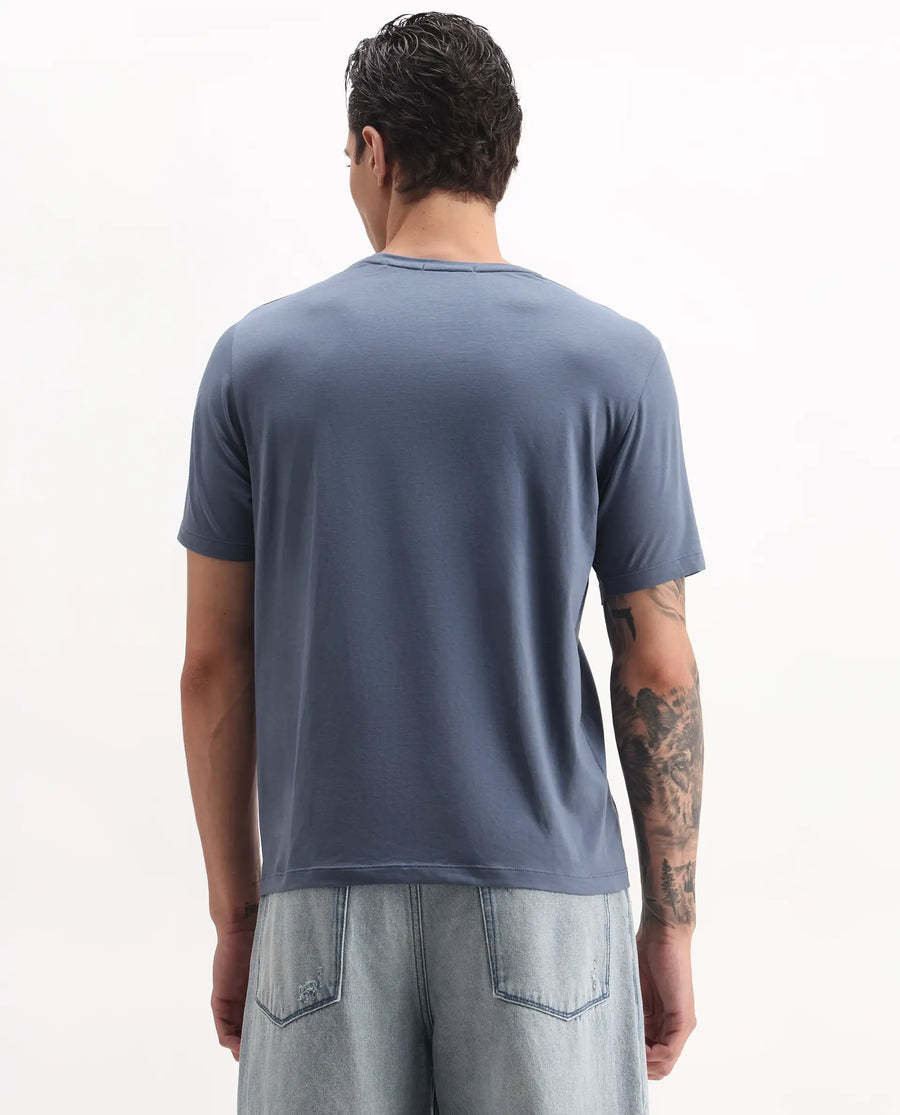Rare Rabbit Men's Ozan Dusky Blue Cotton Blend Graphic Print Regular Fit Half Sleeve Crew Neck T-Shirt