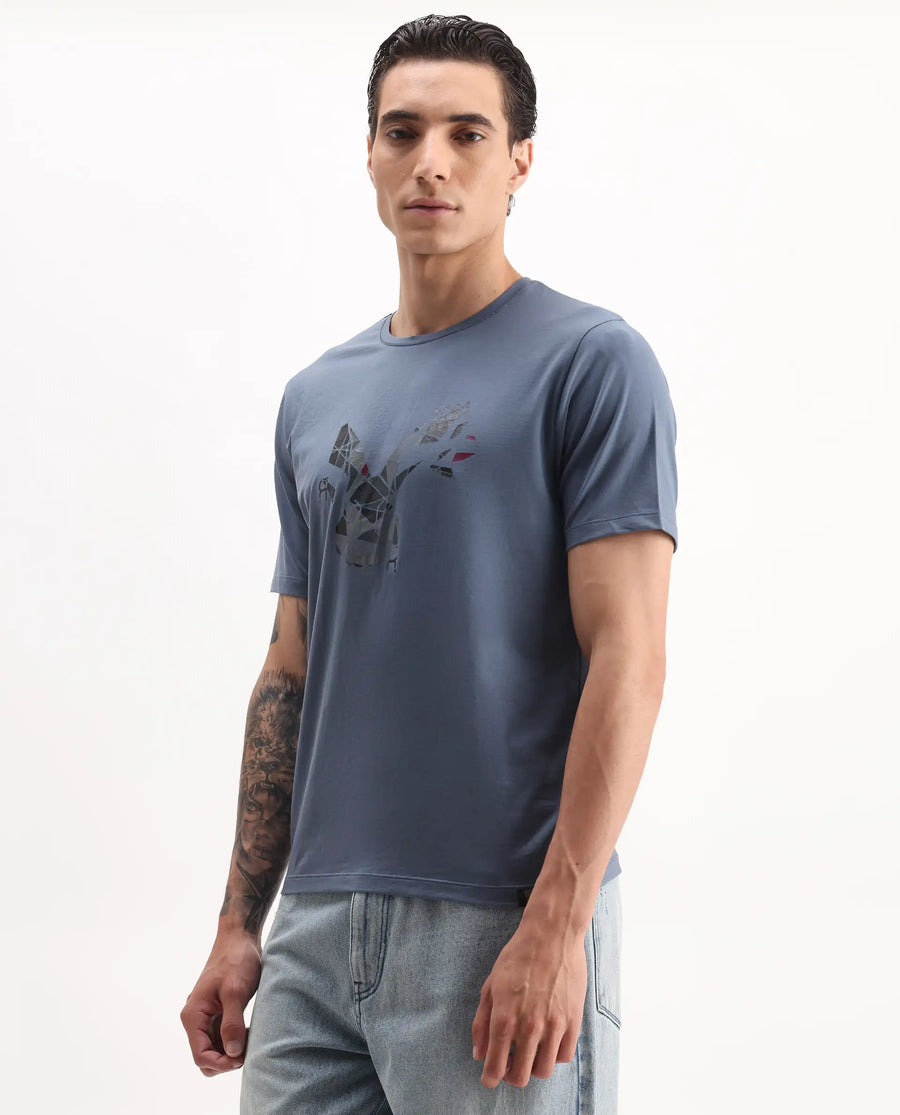 Rare Rabbit Men's Ozan Dusky Blue Cotton Blend Graphic Print Regular Fit Half Sleeve Crew Neck T-Shirt