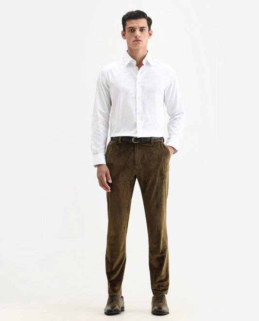 Rare Rabbit Men's Ozzy Olive Velvet Plain Slim Fit Trouser