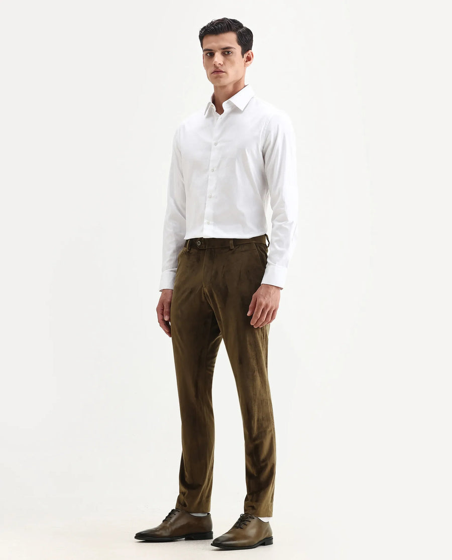 Rare Rabbit Men's Ozzy Olive Velvet Plain Slim Fit Trouser