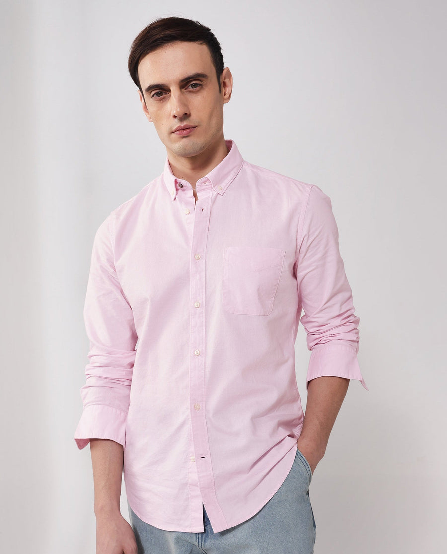 Rare Rabbit Men's Auxfo Light Pink Cotton Plain Regular Fit Full Sleeve Button-Down Collar Shirt