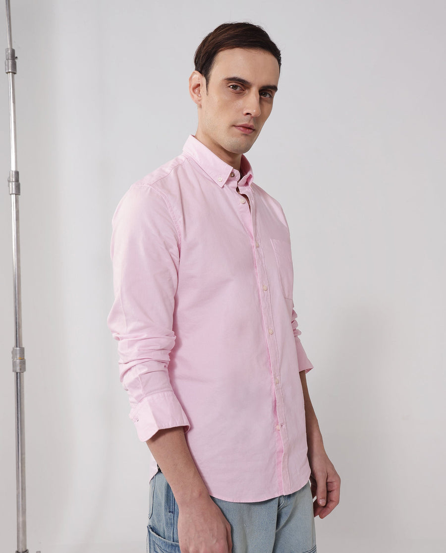 Rare Rabbit Men's Auxfo Light Pink Cotton Plain Regular Fit Full Sleeve Button-Down Collar Shirt