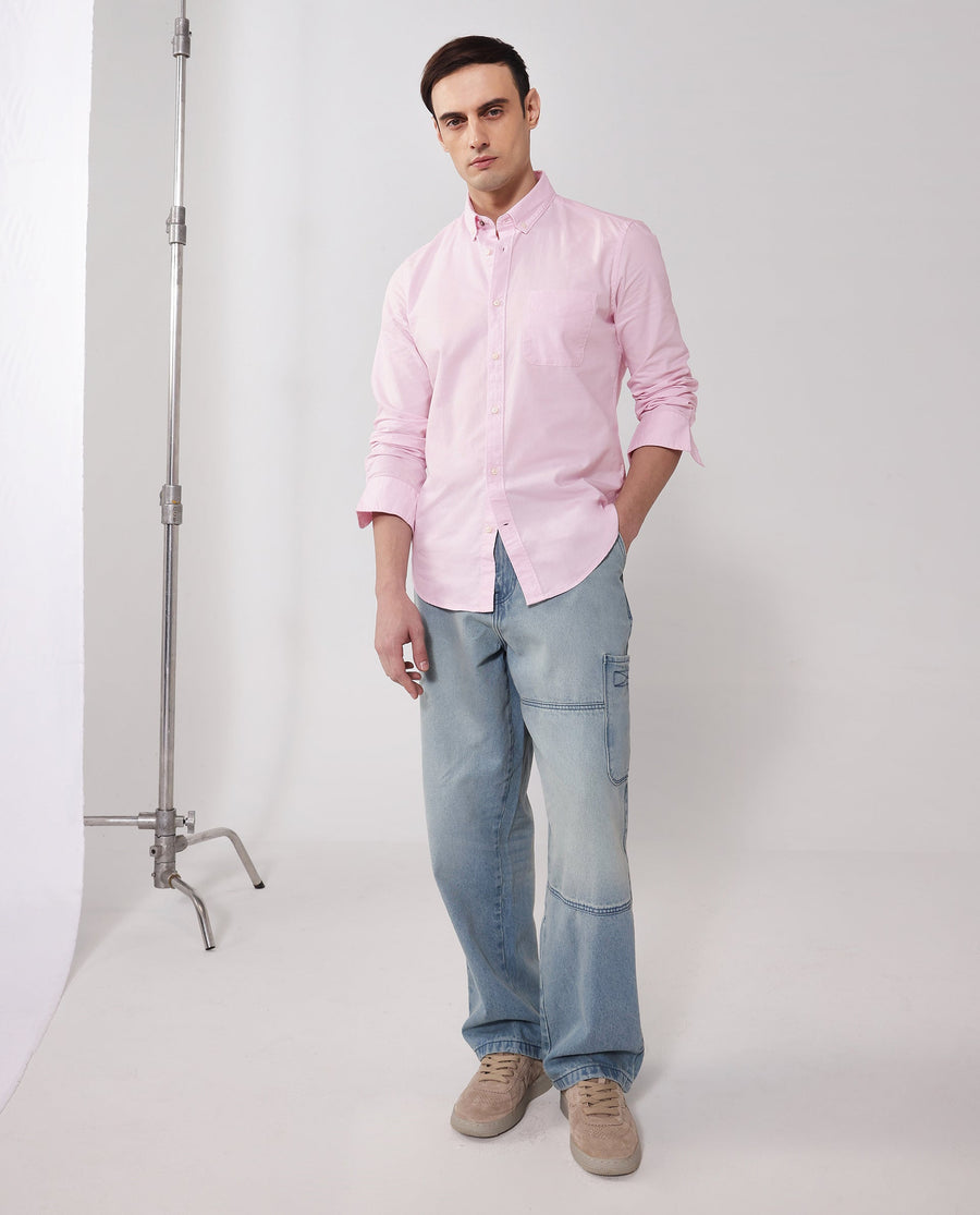 Rare Rabbit Men's Auxfo Light Pink Cotton Plain Regular Fit Full Sleeve Button-Down Collar Shirt