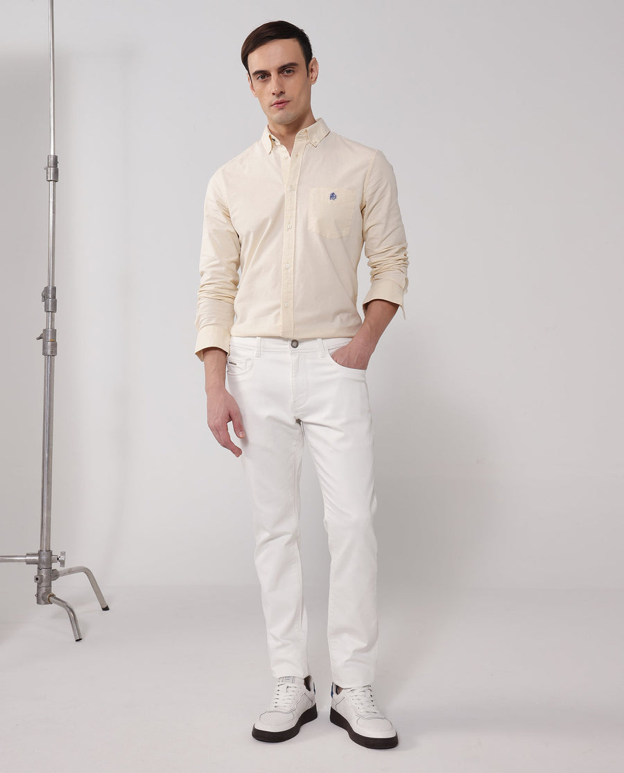Rare Rabbit Men's Oxob Pastel Yellow Cotton Blend Plain Regular Fit Full Sleeve Collared Shirt