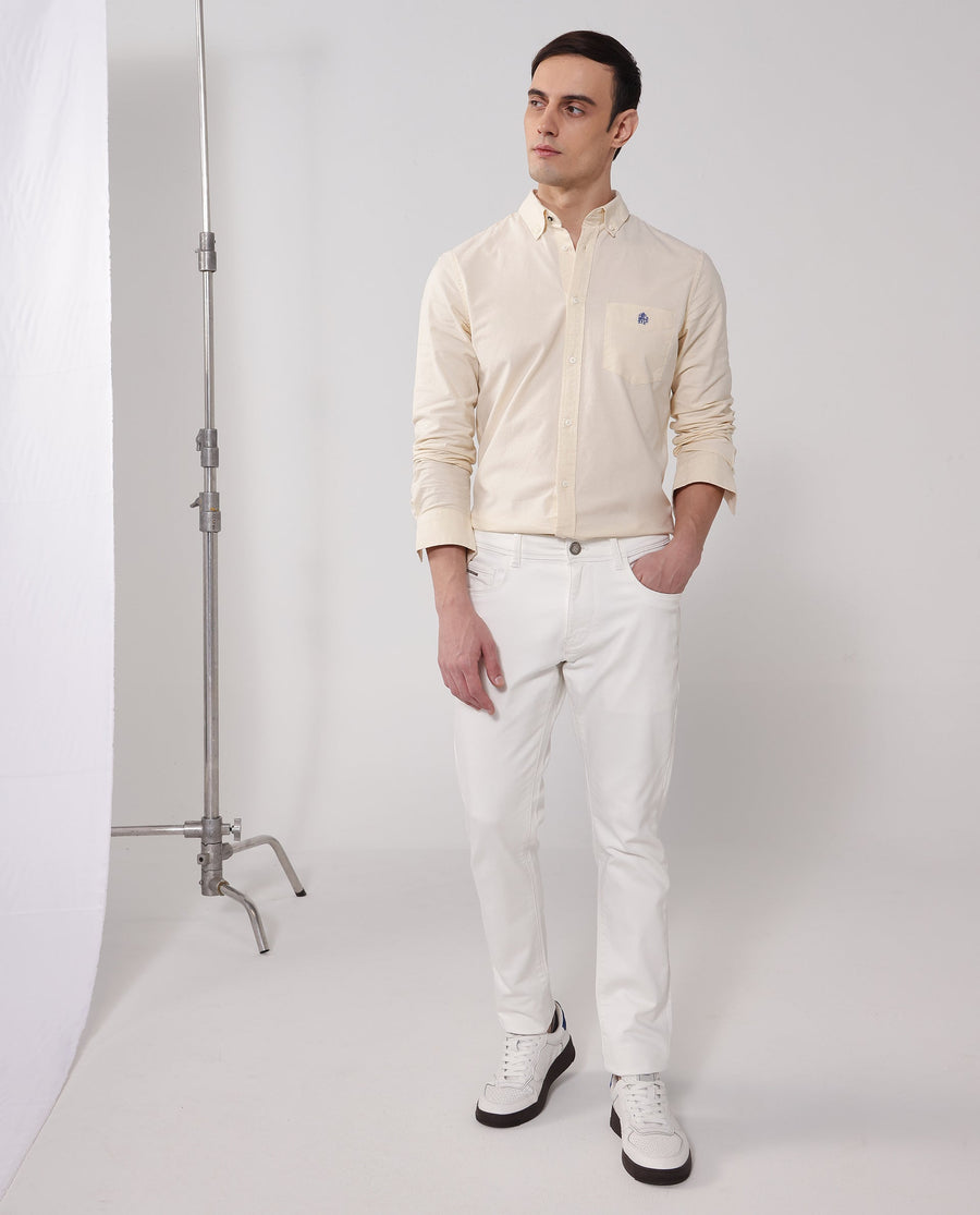 Rare Rabbit Men's Oxob Pastel Yellow Cotton Blend Plain Regular Fit Full Sleeve Collared Shirt