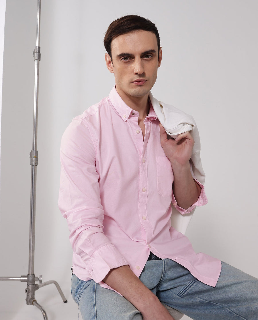 Rare Rabbit Men's Auxfo Light Pink Cotton Plain Regular Fit Full Sleeve Button-Down Collar Shirt