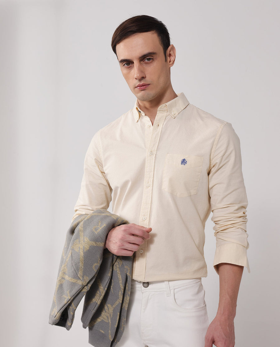 Rare Rabbit Men's Oxob Pastel Yellow Cotton Blend Plain Regular Fit Full Sleeve Collared Shirt