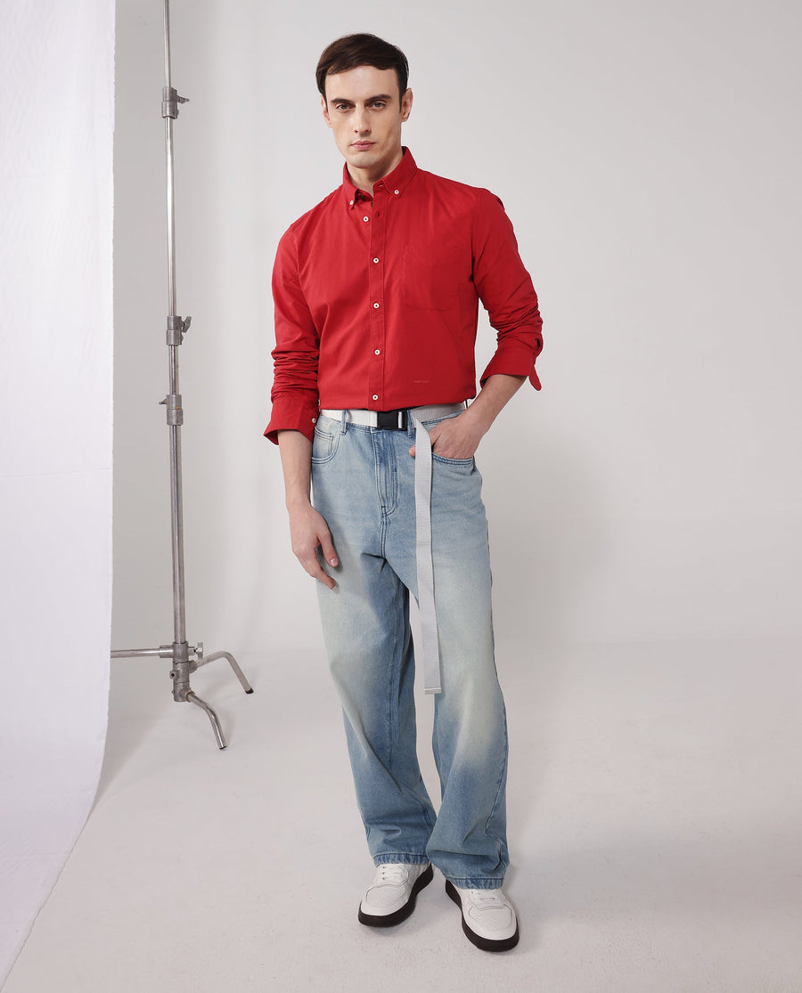 Rare Rabbit Men's Auxfo Red Cotton Plain Regular Fit Full Sleeve Button-Down Collar Shirt