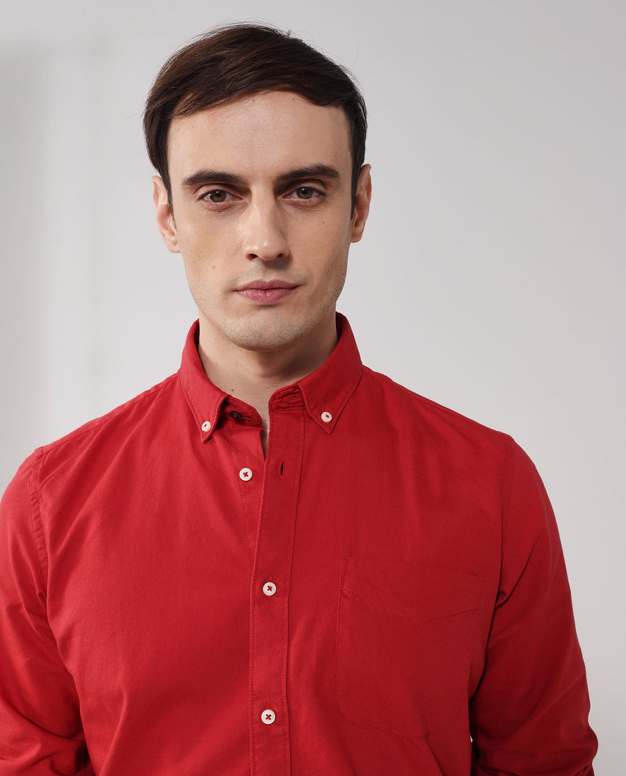 Rare Rabbit Men's Auxfo Red Cotton Plain Regular Fit Full Sleeve Button-Down Collar Shirt